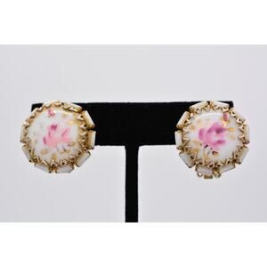 Hobe Vintage Clip Earrings Glass Cabochon Rose Painted Pink Gold Signed Bin7